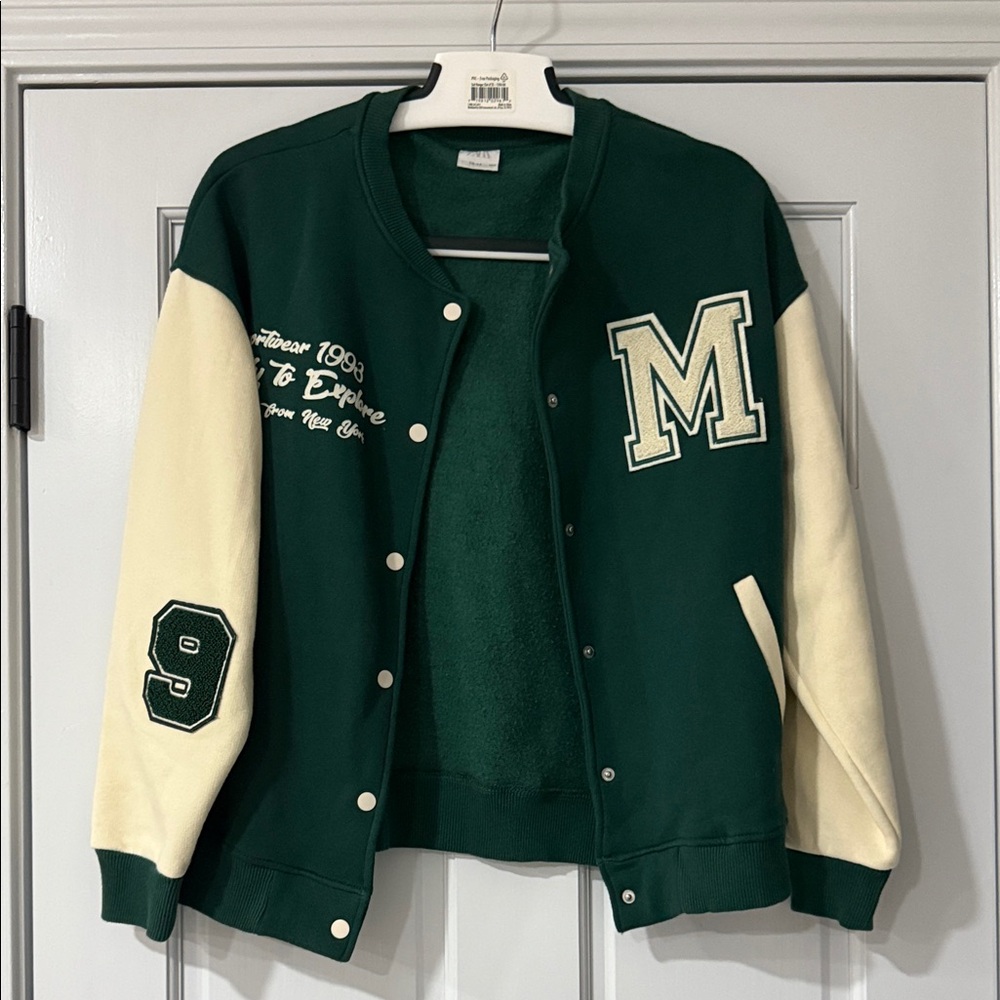 ZARA Green and Cream Varsity Jacket with M Patch SIZE 13-14 big girls